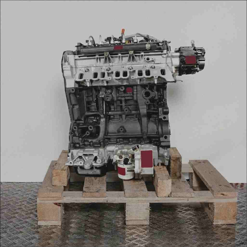 Seitenansicht eines schwarzen Motors 4HH (P22DTE) mit silbernen, roten und gelben Akzenten, auf einer Holzpalette vor weißem Hintergrund. Der Motor ist vertikal ausgerichtet.