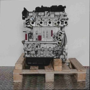 Motor 9HK (DV6ETEDM) auf Holzpalette vor weißem Hintergrund. Der Metallmotor mit schwarzen Kunststoffteilen wird von vorne gezeigt.