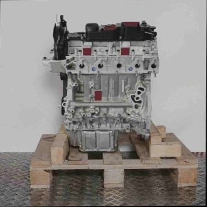 Motor 9HN (DV6ETED) auf Holzpalette vor weißem Hintergrund. Der komplette Motorblock mit Zylinderkopf und Ölwanne ist aus der Frontperspektive zu sehen.