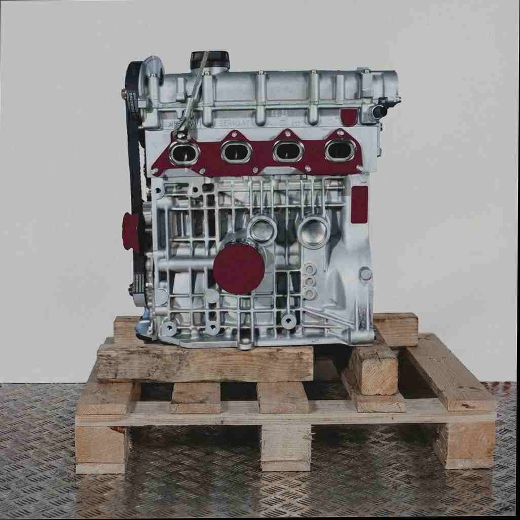 Seitenansicht des AUB Motors auf einer Holzpalette vor weißem Hintergrund. Der silberne Motor mit schwarzem Ölfilter und Ölwanne zeigt einen Zahnriemen mit Riemenscheiben.