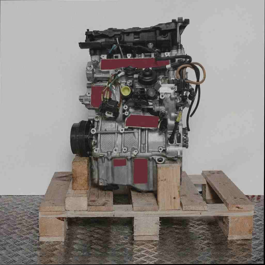 Kompletter Motor B37 C15 A auf Holzpalette vor weißem Hintergrund. Der Motor mit allen Anbauteilen und Kabeln ist von der Seite zu sehen.
