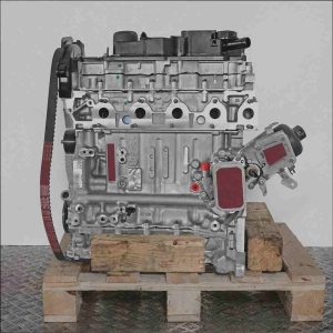 Seitenansicht eines Motors BHY (DV6FD) auf einer Holzpalette. Der Motor steht vor weißem Hintergrund, sodass alle Details gut erkennbar sind.