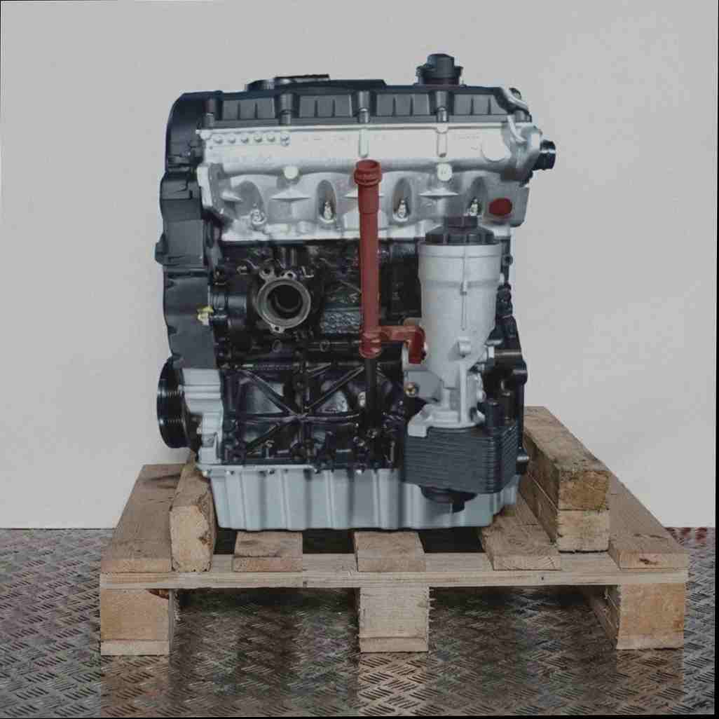 Motor BXJ auf Holzpalette vor weißem Hintergrund. Vertikale Frontansicht des Motors, vollständig sichtbar.