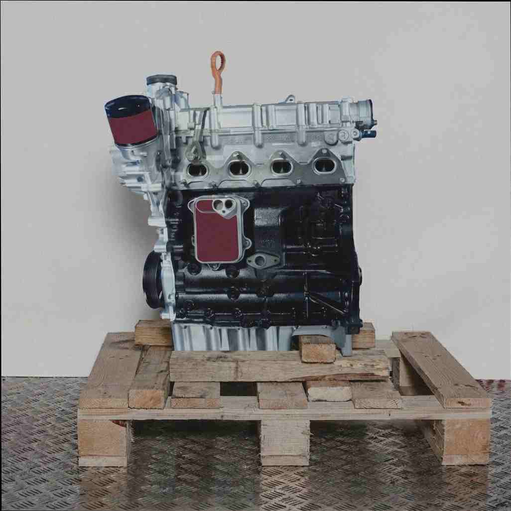 Automotor CAVA auf Holzpalette vor weißem Hintergrund. Der silberne Zylinderkopf und schwarze Motorblock sind deutlich zu sehen.