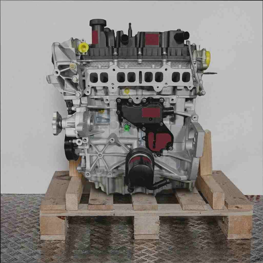 Motor M8ME auf Holzpalette vor weißem Hintergrund. Frontansicht des Motors, vollständig sichtbar.
