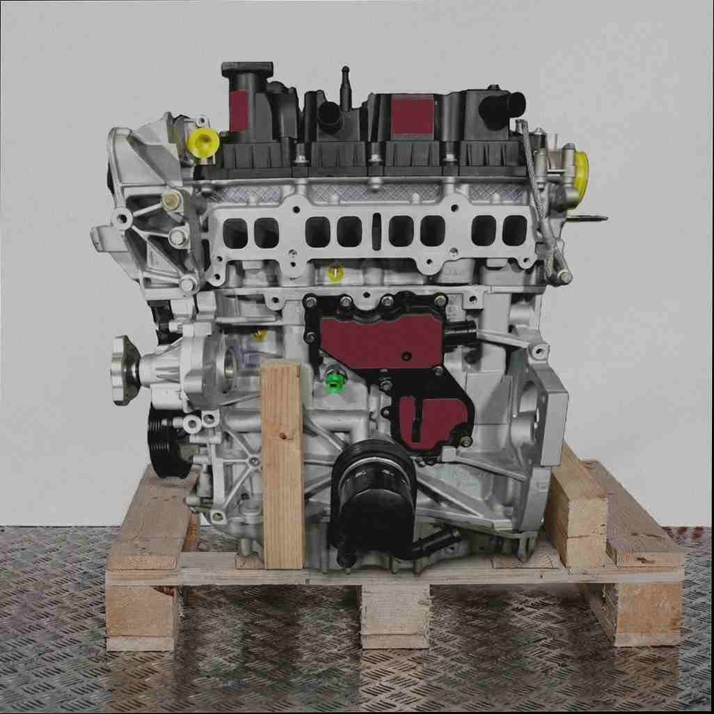 Grauer Motor M9MD auf Holzpalette vor weißem Hintergrund. Der Motor mit schwarzen und gelben Akzenten steht aufrecht.