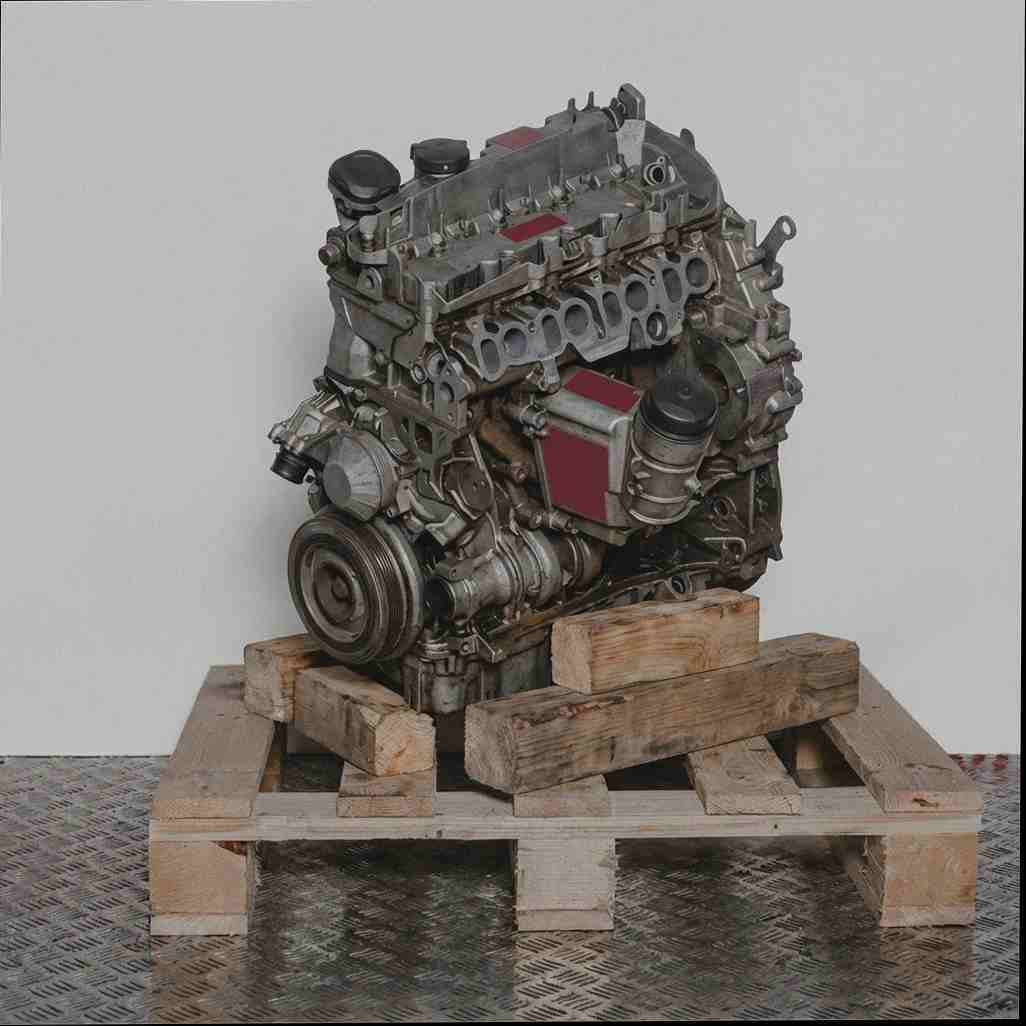 Detaillierter Motor N47 D16 A auf Holzpalette vor weißem Hintergrund. Das Graustufen-Bild zeigt den Motor in schräger Seitenansicht.