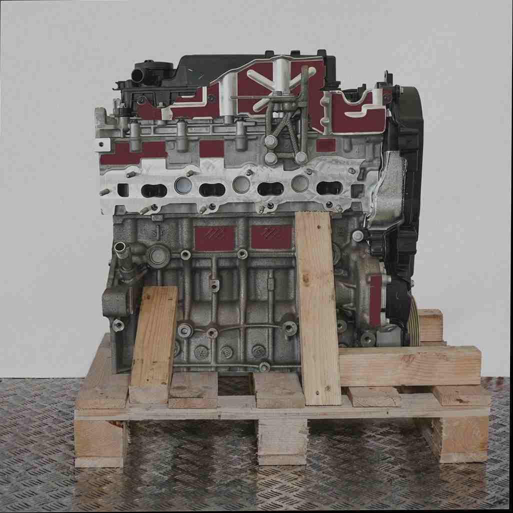Seitenansicht eines T7MA Motors auf einer Holzpalette vor weißem Hintergrund. Der Abgaskrümmer ist deutlich sichtbar.